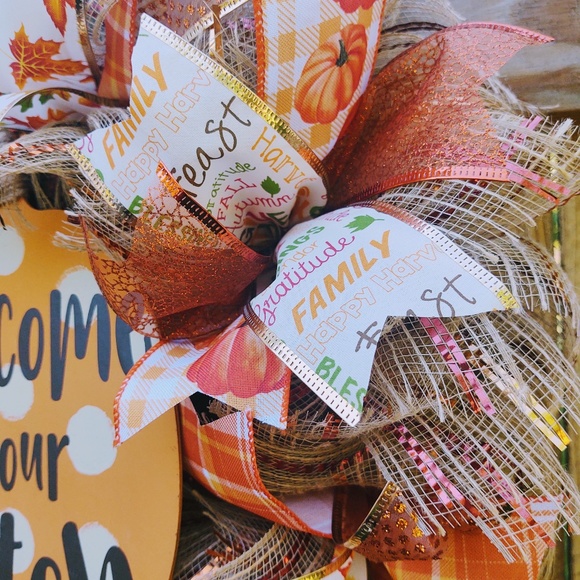 New Hand Crafted Fall Thanksgiving Deco Mesh Ribbon Welcome To Our Patch Wreath - Picture 7 of 8